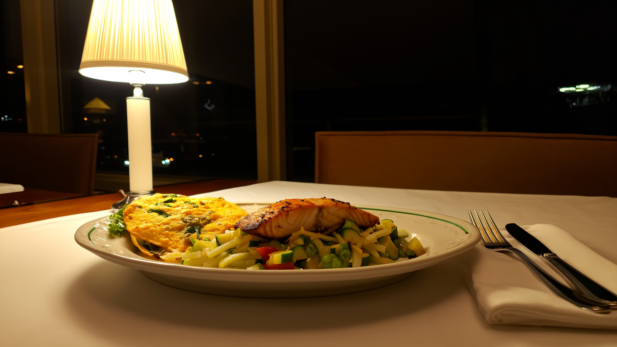 Plato de cena con pescado al horno, verduras y omelette sobre mesa de cocina mexicana