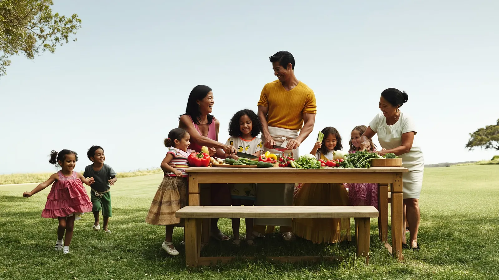 Familia mexicana cocinando verduras juntos y jugando al aire libre, ilustración amigable de hábitos saludables para prevenir la obesidad infantil