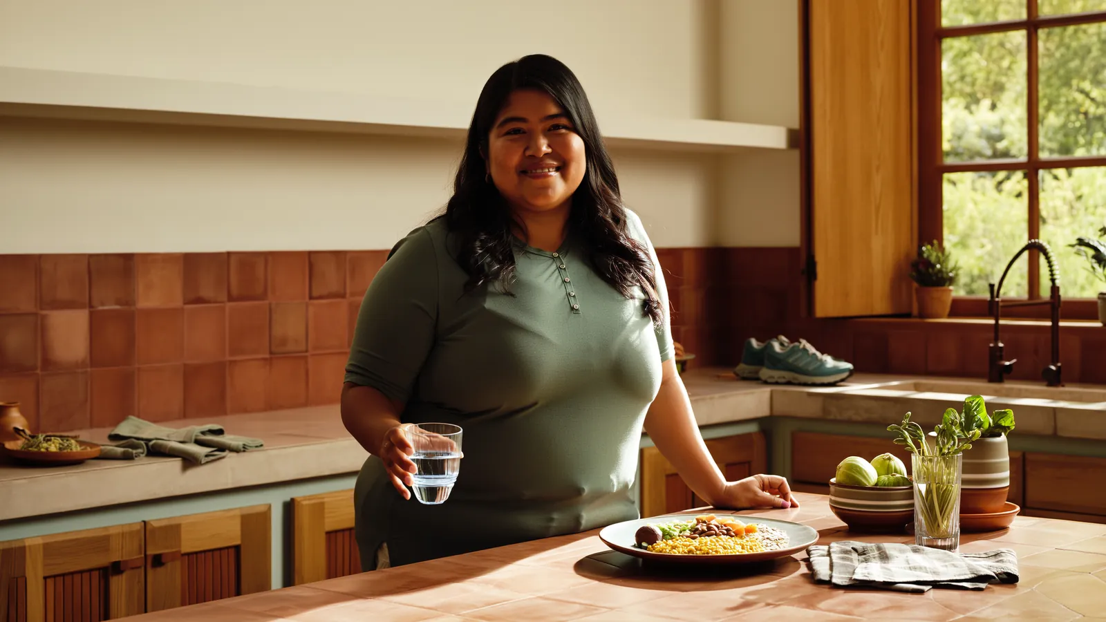 Mujer adulta en una cocina mexicana sirviendo un vaso de agua junto a un plato de nopales, avena y frijoles, con tenis de caminata al fondo